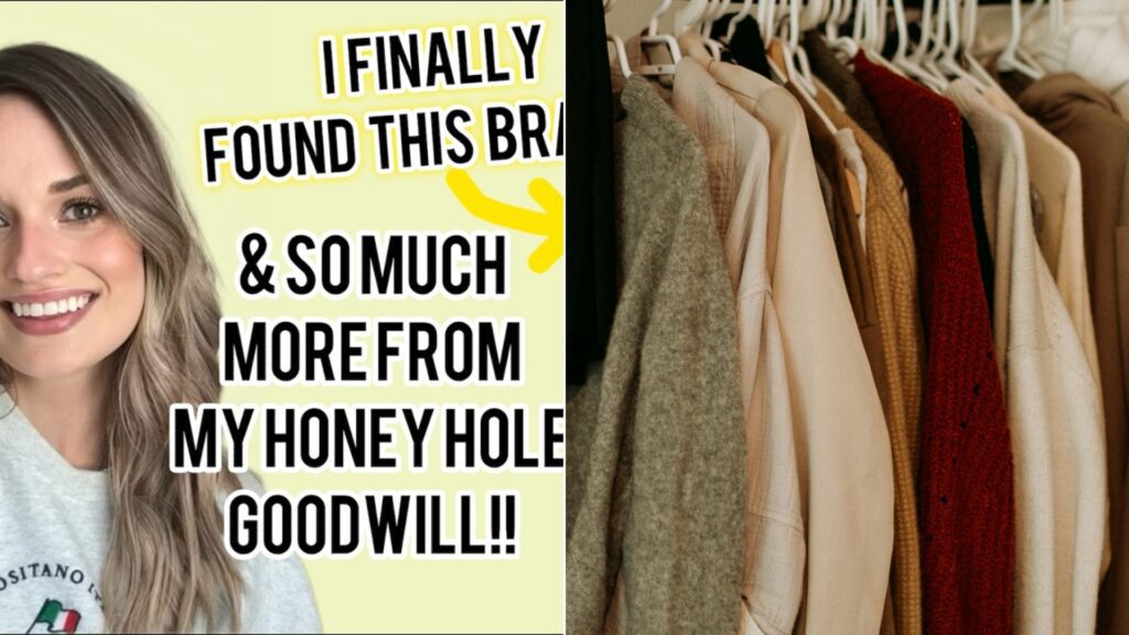 A Goodwill thrifting video cover beside a rack of hanging sweaters and jackets in warm autumn tones.