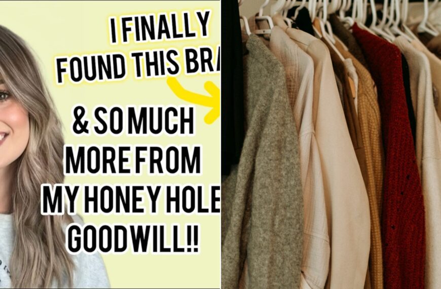 A Goodwill thrifting video cover beside a rack of hanging sweaters and jackets in warm autumn tones.
