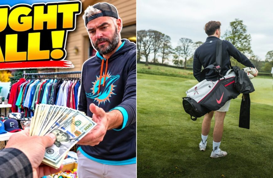 A garage sale golf bag video cover beside a stock photo of a golfer carrying a bag on a course.