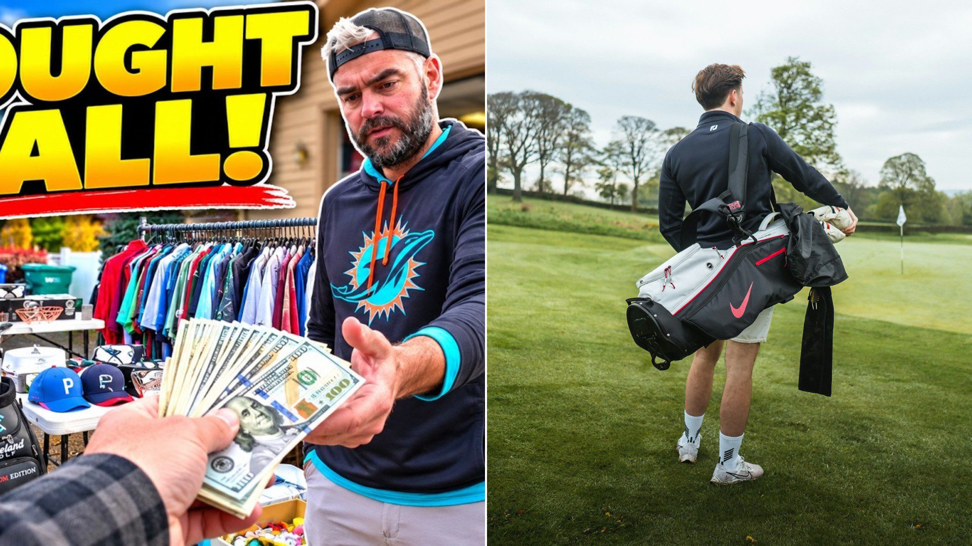 A garage sale golf bag video cover beside a stock photo of a golfer carrying a bag on a course.