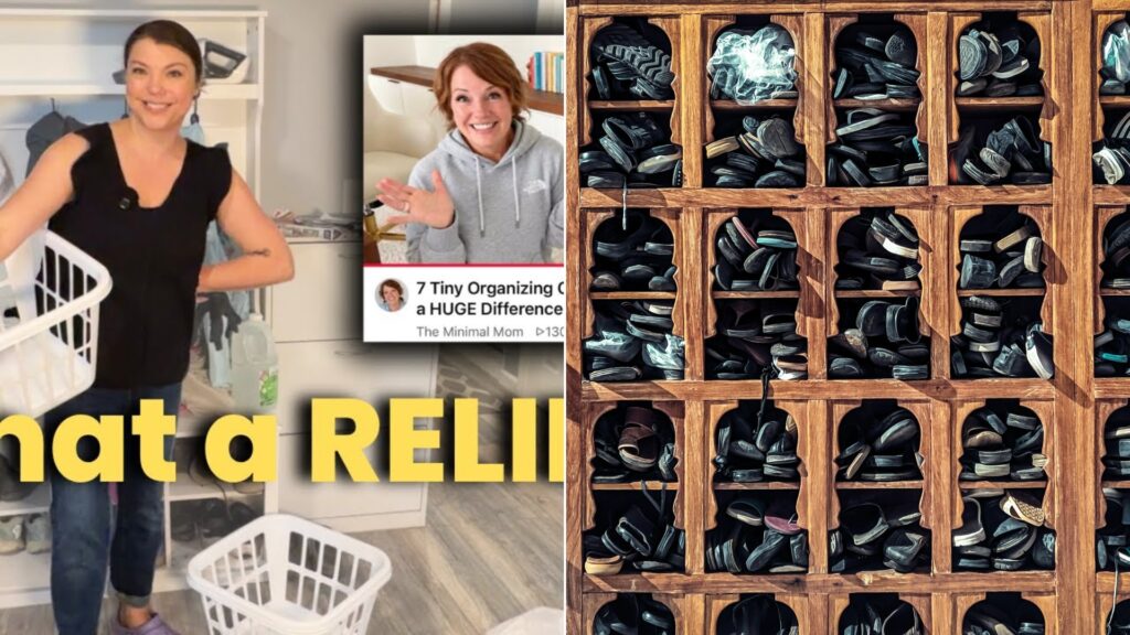 A mail pile and shoe overflow organizing video cover beside a stock photo of a wooden shoe cubby shelf.