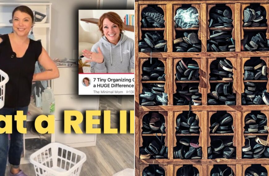 A mail pile and shoe overflow organizing video cover beside a stock photo of a wooden shoe cubby shelf.