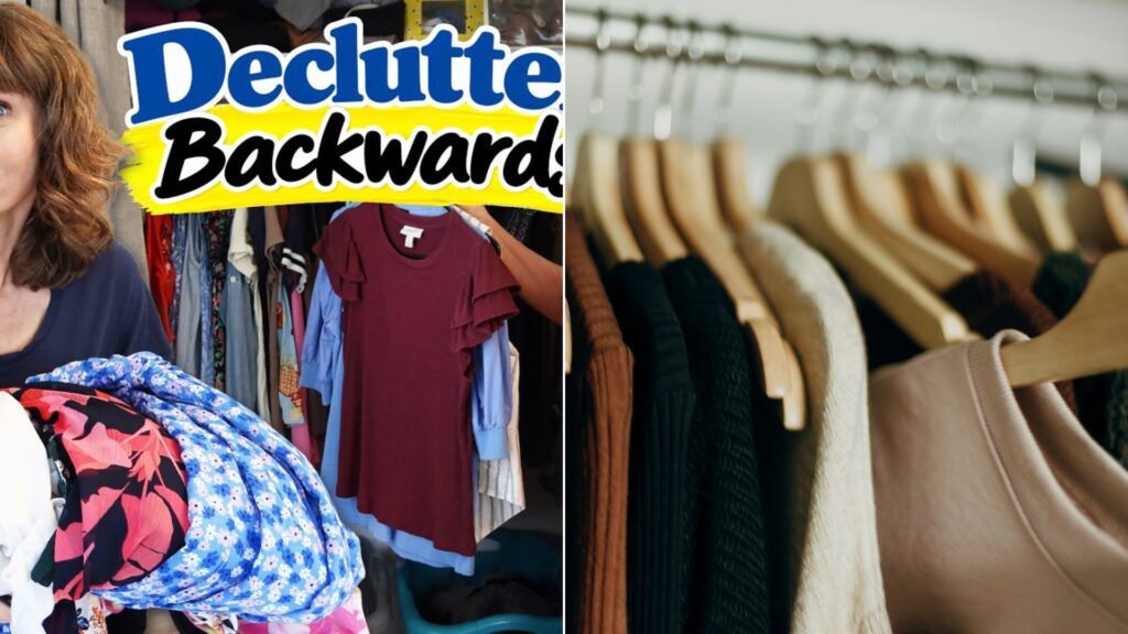 A backwards decluttering closet video cover beside a stock photo of clothes hanging on a rail.