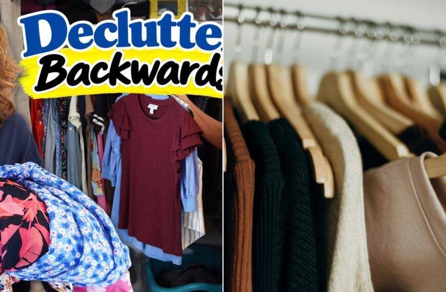 A backwards decluttering closet video cover beside a stock photo of clothes hanging on a rail.