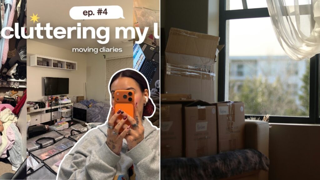 A declutterer's video cover beside a stock photo of moving boxes stacked in a bright room.