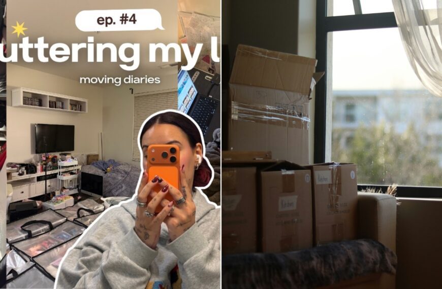A declutterer's video cover beside a stock photo of moving boxes stacked in a bright room.