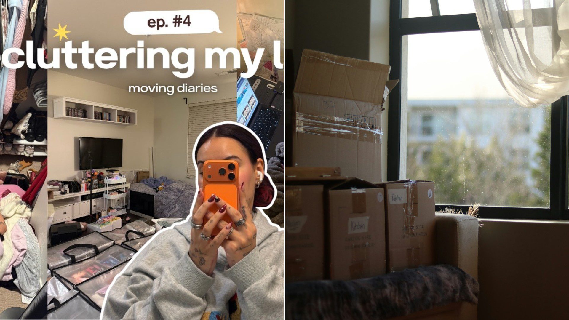 A declutterer's video cover beside a stock photo of moving boxes stacked in a bright room.