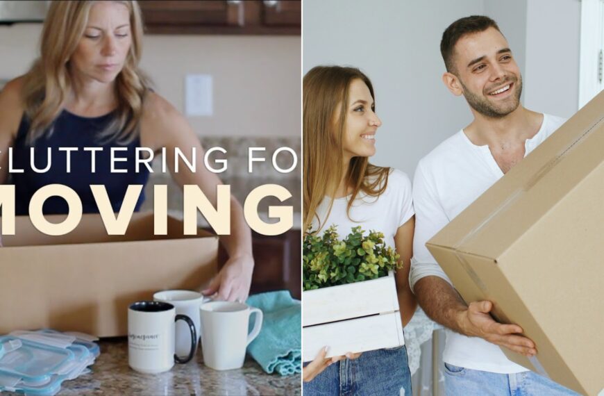 A woman packing a cardboard box beside a couple carrying a large box and a plant on moving day.