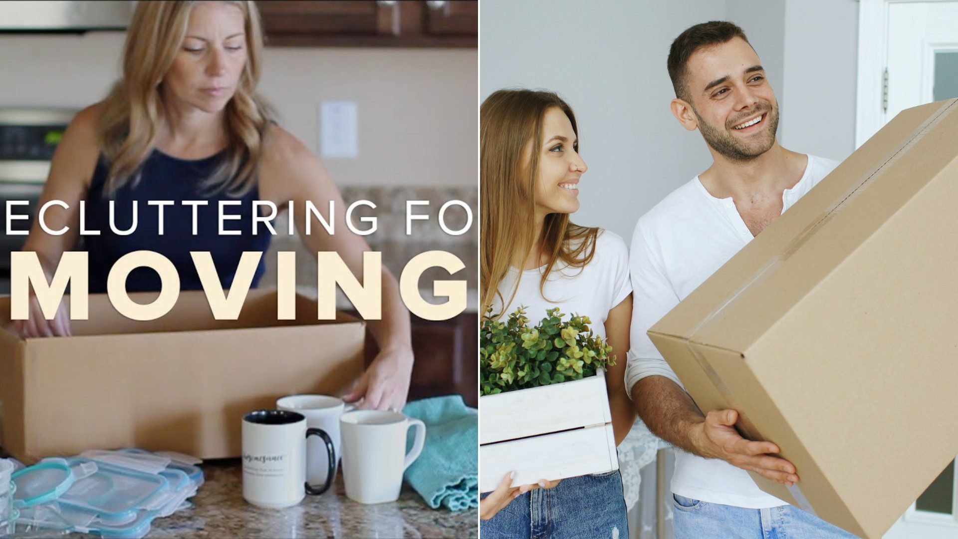 A woman packing a cardboard box beside a couple carrying a large box and a plant on moving day.