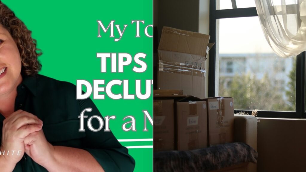 A woman smiling beside a sunlit room stacked with cardboard moving boxes.