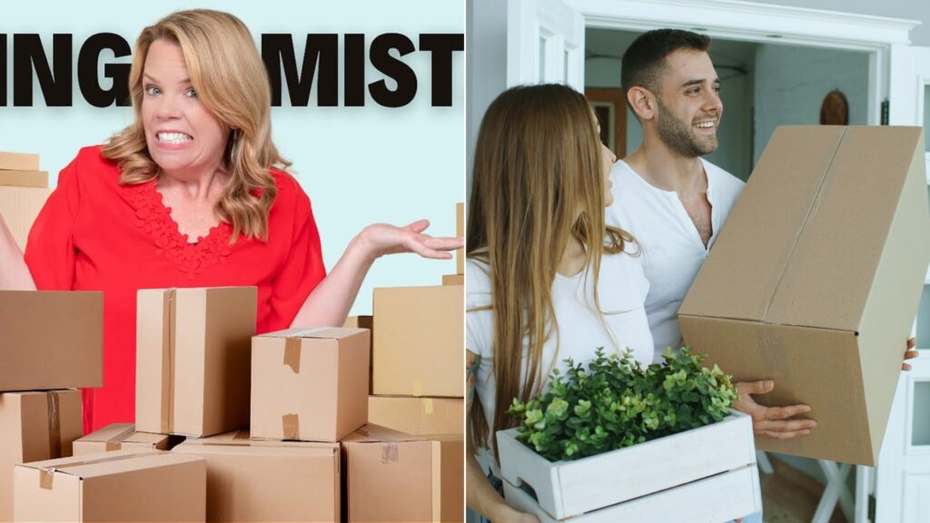 A professional organizer beside a couple carrying cardboard boxes into a new home.