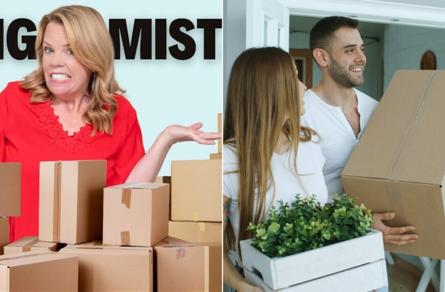 A professional organizer beside a couple carrying cardboard boxes into a new home.