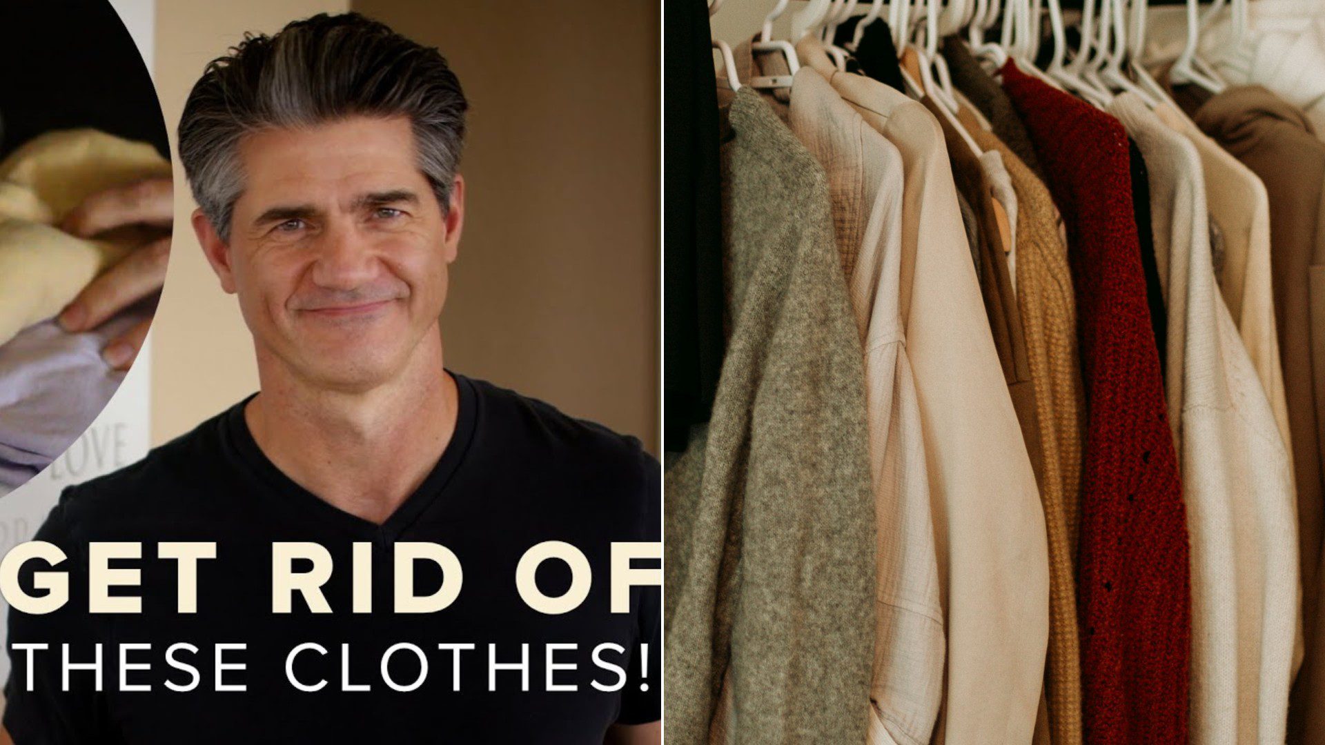 A man in a black shirt beside a coat hanging on a rack in a clothes closet.