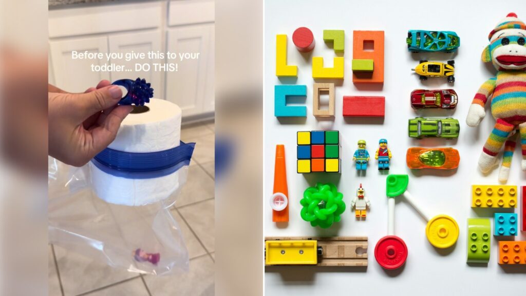 Left: TikTok still of a hand holding a toilet paper roll in a zipper bag. Right: colorful toddler toys laid out flat (Unsplash photo by Vanessa Bucceri).