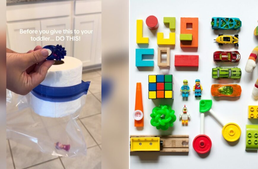 Left: TikTok still of a hand holding a toilet paper roll in a zipper bag. Right: colorful toddler toys laid out flat (Unsplash photo by Vanessa Bucceri).