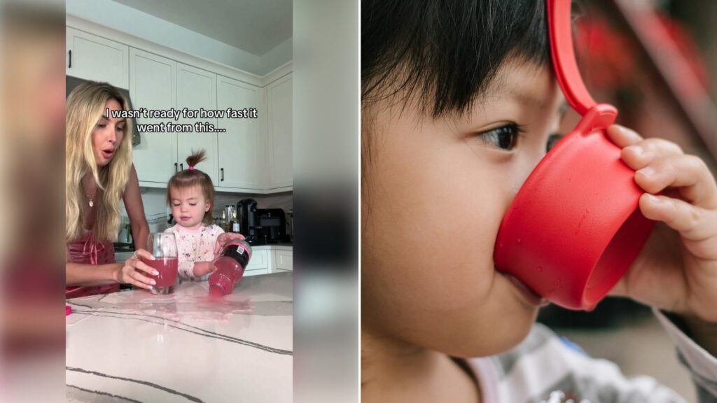 Left: TikTok still of a mom and toddler at a kitchen counter. Right: a child drinking from a red cup (Unsplash photo by Jason Sung).