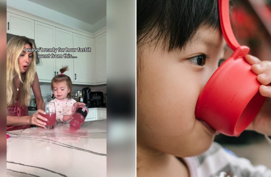 Left: TikTok still of a mom and toddler at a kitchen counter. Right: a child drinking from a red cup (Unsplash photo by Jason Sung).