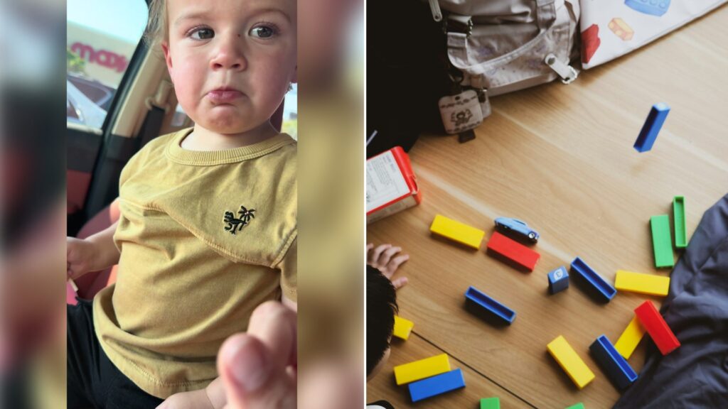Left: TikTok still of a toddler in a yellow shirt frowning in a car. Right: colorful blocks scattered on a wooden floor (Unsplash photo by Stanley Kustamin).
