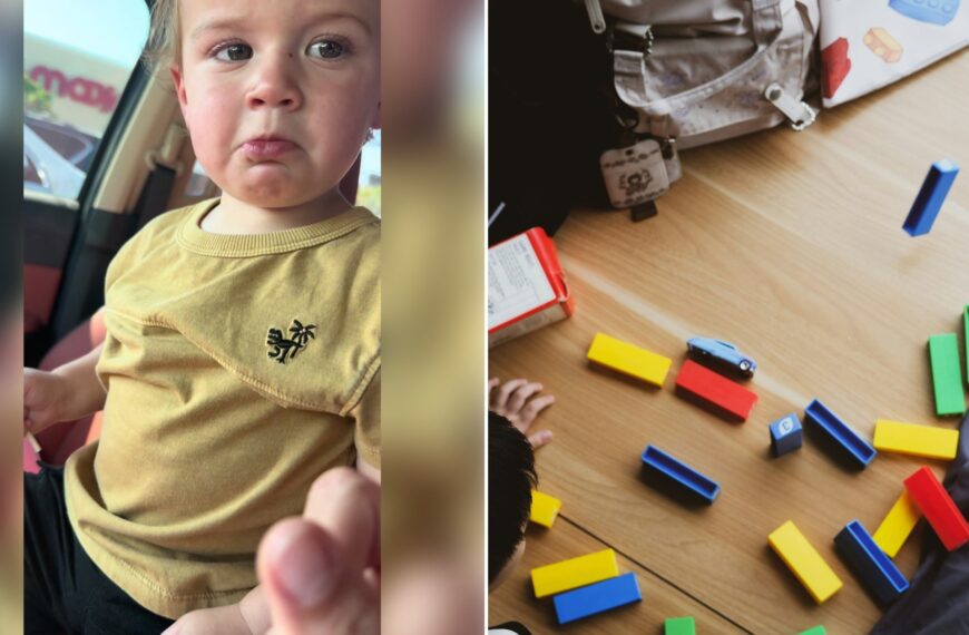 Left: TikTok still of a toddler in a yellow shirt frowning in a car. Right: colorful blocks scattered on a wooden floor (Unsplash photo by Stanley Kustamin).