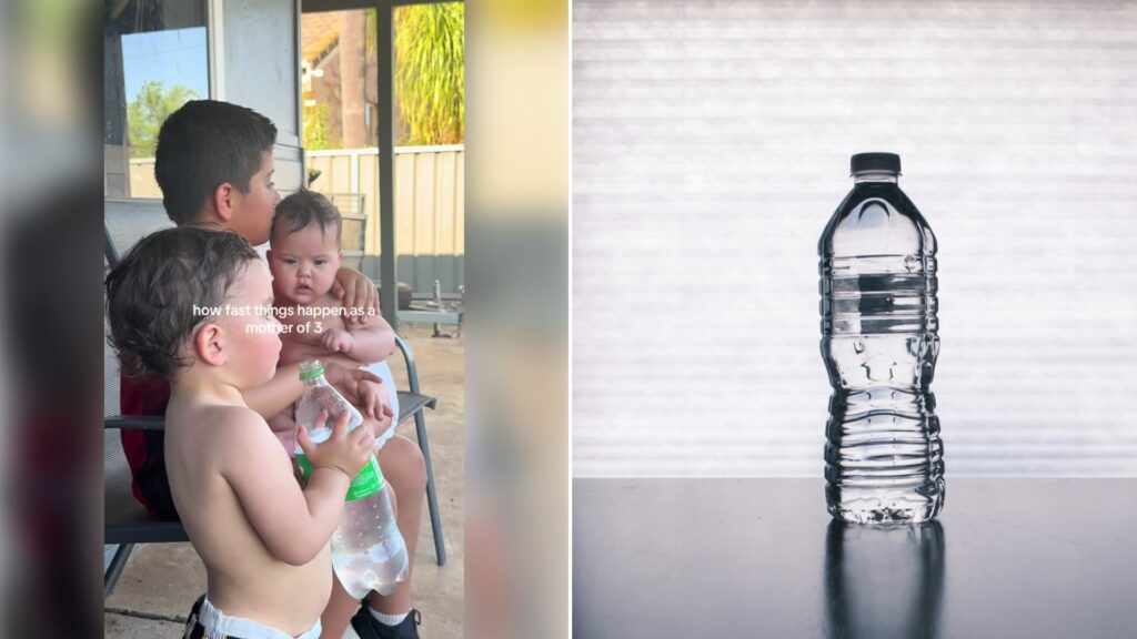 Left: TikTok still of kids sitting together with a water bottle. Right: a clear plastic water bottle (Unsplash photo by Steve A Johnson).