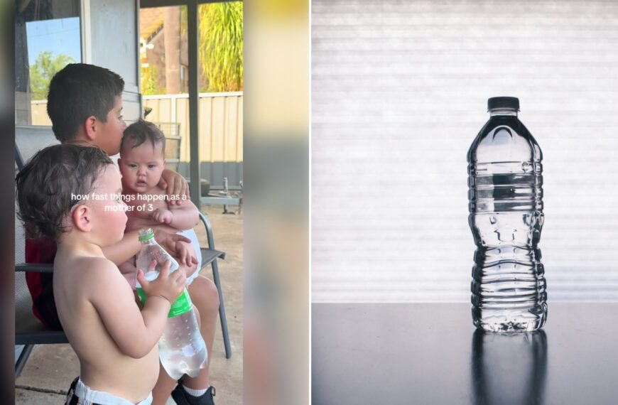 Left: TikTok still of kids sitting together with a water bottle. Right: a clear plastic water bottle (Unsplash photo by Steve A Johnson).