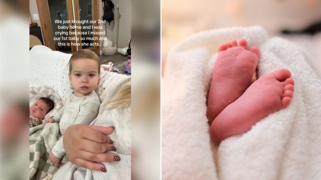 Left: TikTok still of a toddler sitting beside a newborn on a couch. Right: a baby's feet wrapped in a white blanket (Unsplash photo by Marcel Fagin).
