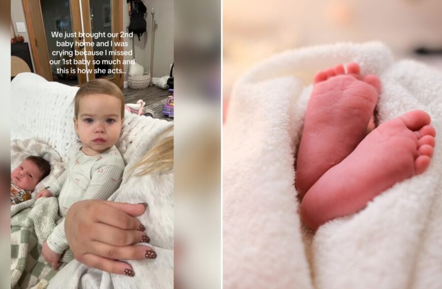 Left: TikTok still of a toddler sitting beside a newborn on a couch. Right: a baby's feet wrapped in a white blanket (Unsplash photo by Marcel Fagin).