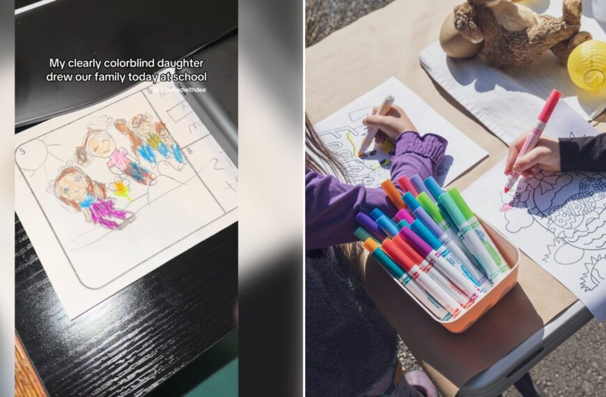 Left: TikTok still of a child's crayon drawing of a family. Right: a child coloring with markers at a table (Unsplash photo by Alan Rodriguez).
