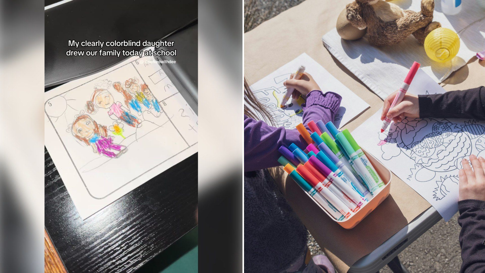 Left: TikTok still of a child's crayon drawing of a family. Right: a child coloring with markers at a table (Unsplash photo by Alan Rodriguez).