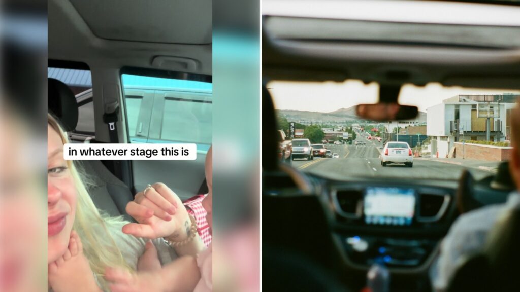 Left: TikTok still of a mom in a car holding a baby's hand. Right: a view from inside a car on the road (Unsplash photo by Marc Pagliuca).