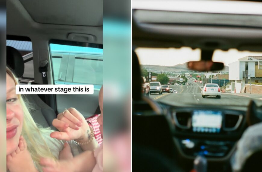 Left: TikTok still of a mom in a car holding a baby's hand. Right: a view from inside a car on the road (Unsplash photo by Marc Pagliuca).