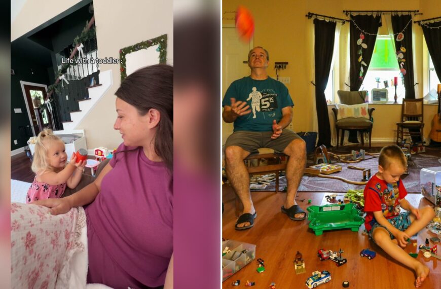 Left: TikTok still of a toddler and her mom by a staircase. Right: a man and a boy sitting among scattered toys (Unsplash photo by Mick Haupt).