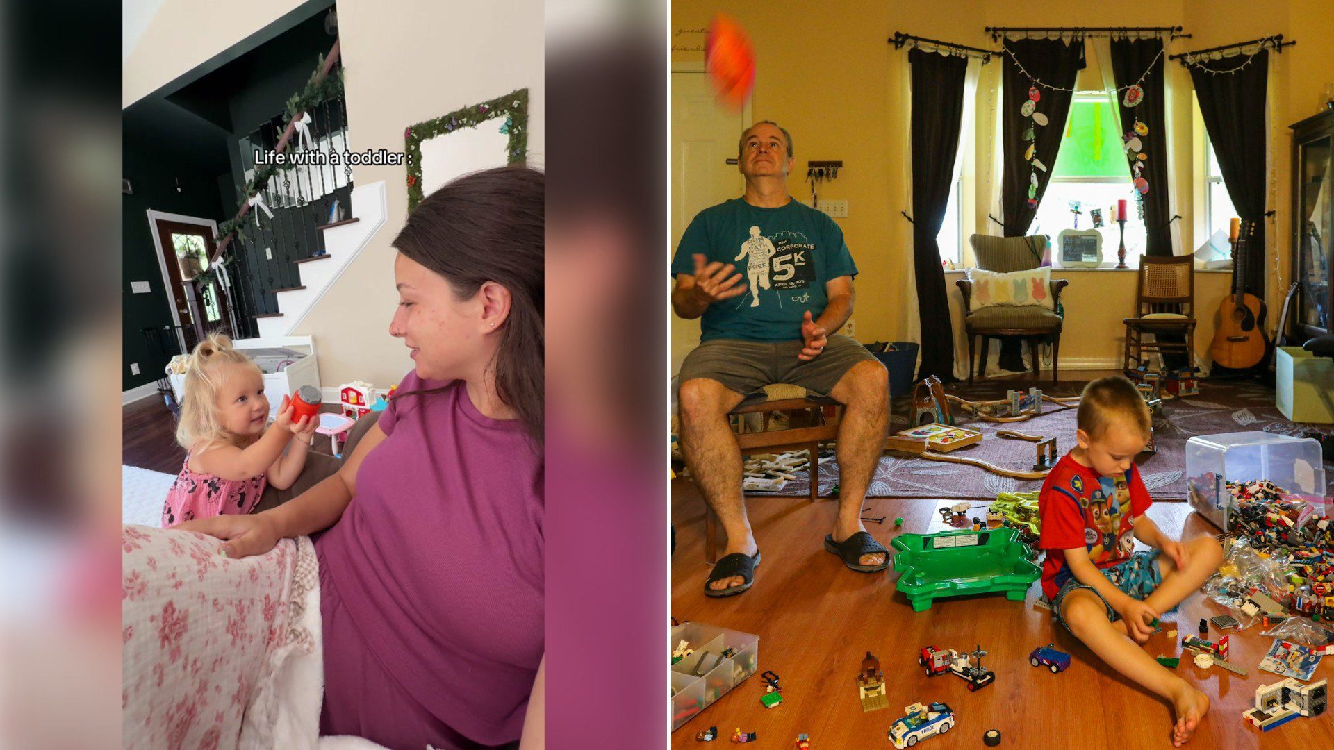 Left: TikTok still of a toddler and her mom by a staircase. Right: a man and a boy sitting among scattered toys (Unsplash photo by Mick Haupt).