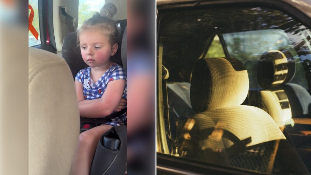 Left: TikTok still of a toddler in a checkered dress in a car seat. Right: the interior of a car with light-colored seats (Unsplash photo by Ruben Mavarez).