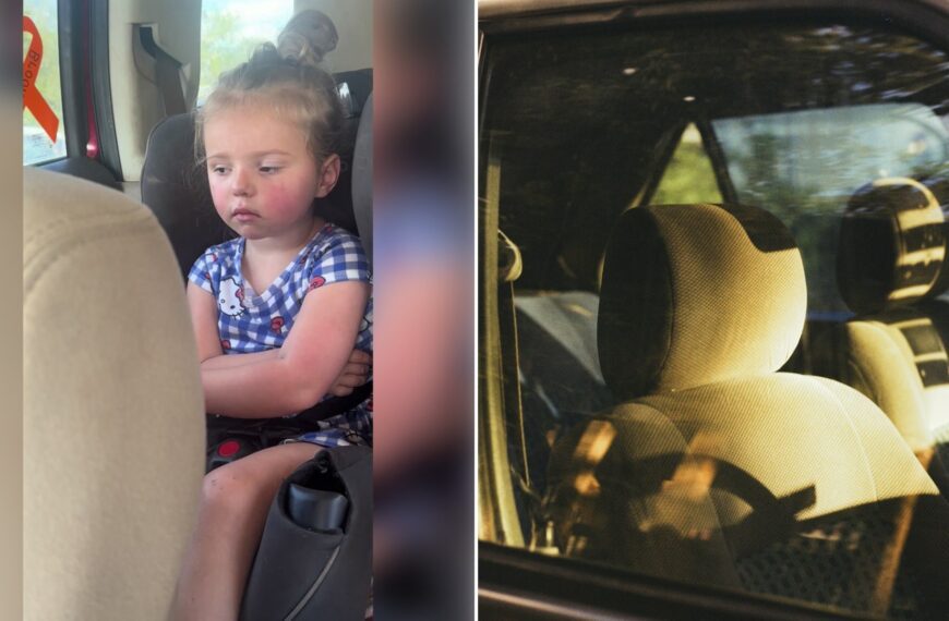 Left: TikTok still of a toddler in a checkered dress in a car seat. Right: the interior of a car with light-colored seats (Unsplash photo by Ruben Mavarez).