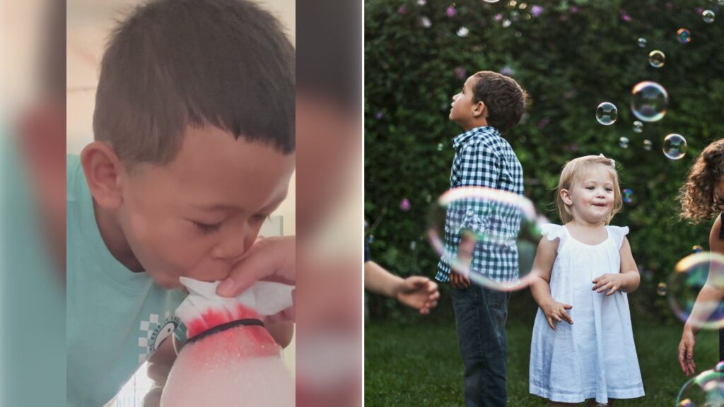 Left: TikTok still of a boy with a tissue at his mouth. Right: two children blowing bubbles in a garden (Unsplash photo by Katherine Hanlon).