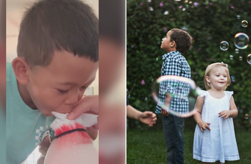 Left: TikTok still of a boy with a tissue at his mouth. Right: two children blowing bubbles in a garden (Unsplash photo by Katherine Hanlon).