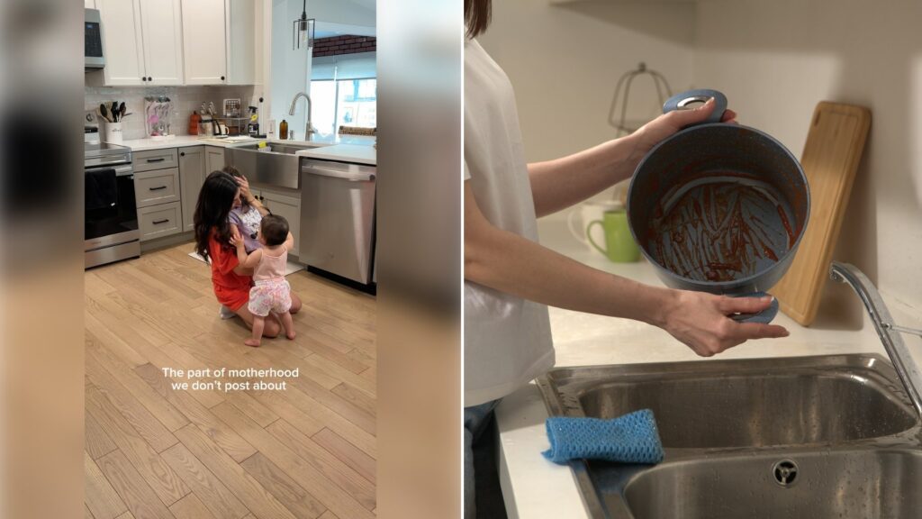 Left: Instagram reel still of a mom crouching in a kitchen with a toddler. Right: a person holding a dirty pot over a kitchen sink (Unsplash photo by The Crown Choice).