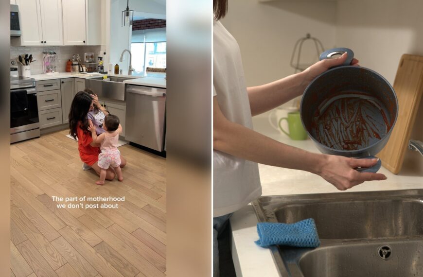 Left: Instagram reel still of a mom crouching in a kitchen with a toddler. Right: a person holding a dirty pot over a kitchen sink (Unsplash photo by The Crown Choice).