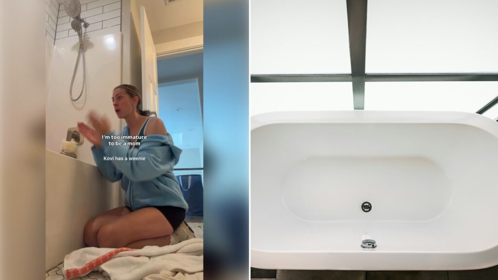 Left: Instagram reel still of a mom kneeling by a bathtub. Right: a white freestanding bathtub (Unsplash photo by Krystal Black).