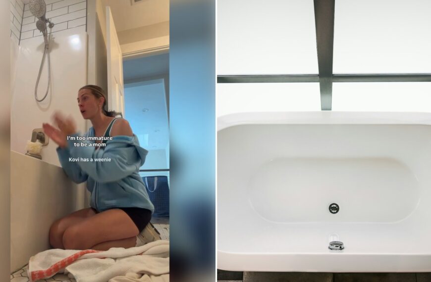 Left: Instagram reel still of a mom kneeling by a bathtub. Right: a white freestanding bathtub (Unsplash photo by Krystal Black).