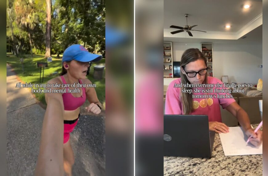 Two moments from an Instagram reel: a mom jogging outdoors, then the same mom working at a laptop at home.