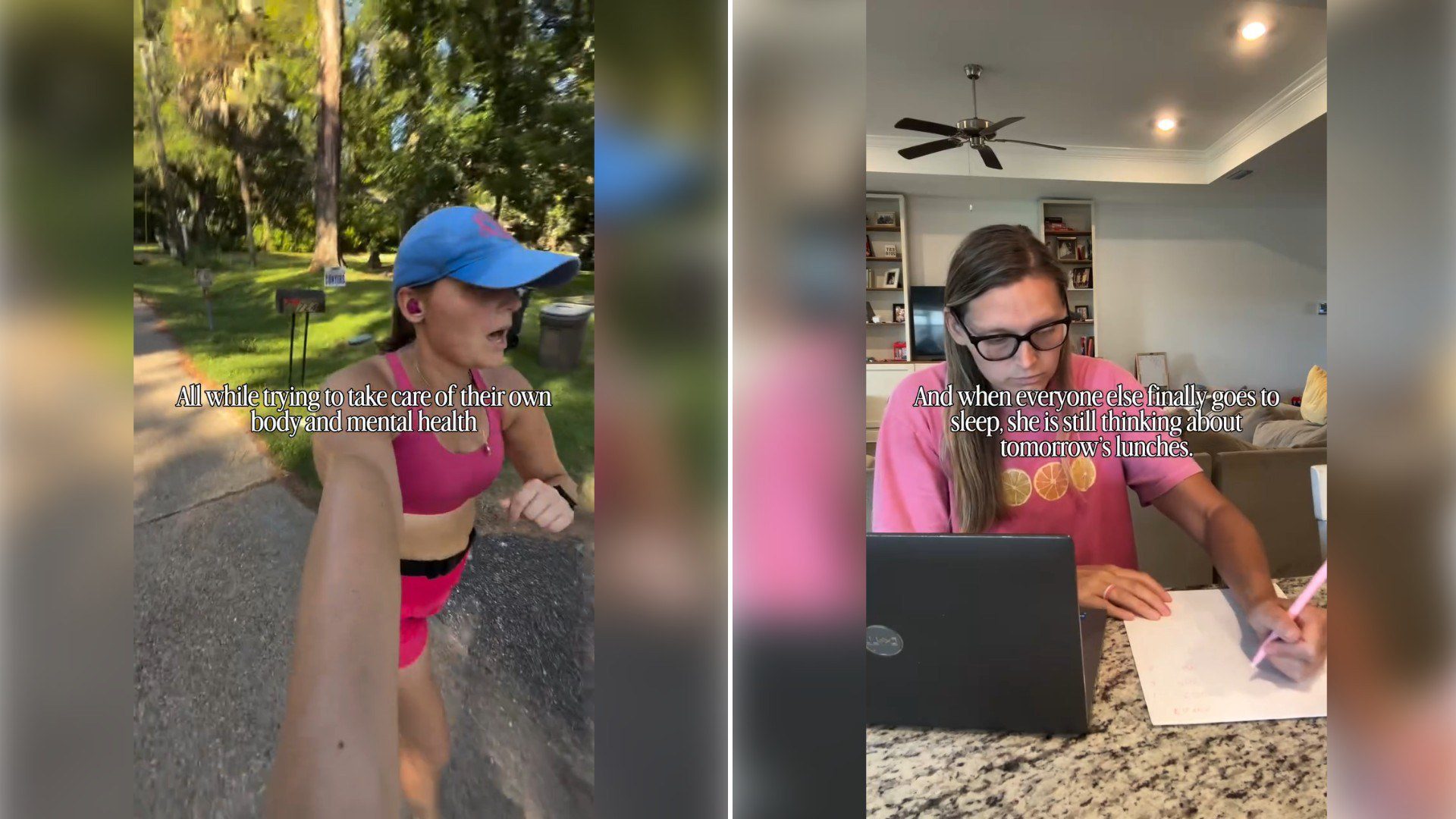 Two moments from an Instagram reel: a mom jogging outdoors, then the same mom working at a laptop at home.