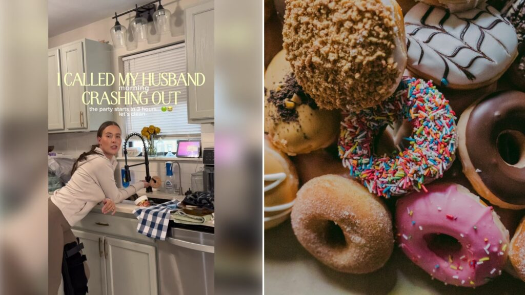 Left: TikTok still of a woman at a kitchen sink. Right: assorted donuts (Unsplash photo by Rod Long).