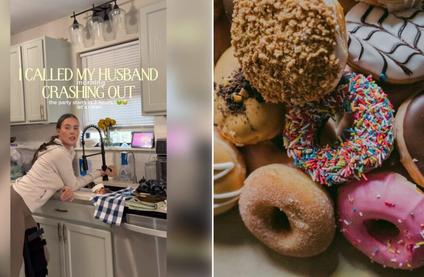 Left: TikTok still of a woman at a kitchen sink. Right: assorted donuts (Unsplash photo by Rod Long).