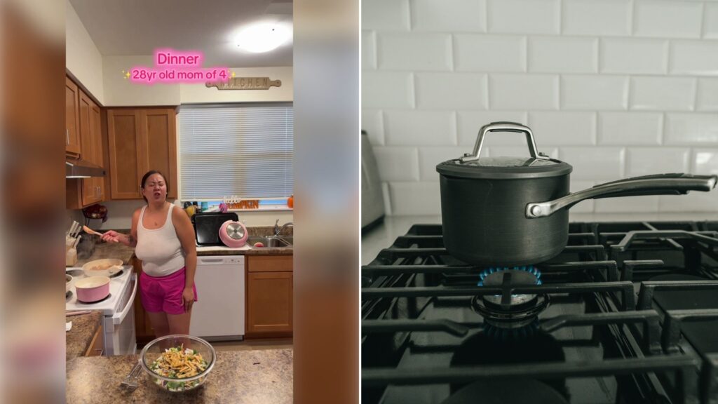 Left: TikTok still of a mom in the kitchen at the stove. Right: a pot on a gas stove (Unsplash photo by Henry Kobutra).