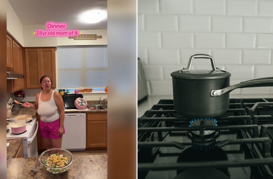 Left: TikTok still of a mom in the kitchen at the stove. Right: a pot on a gas stove (Unsplash photo by Henry Kobutra).