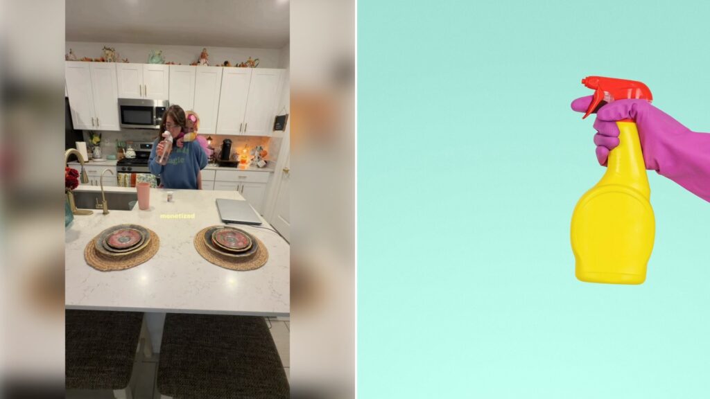 Left: TikTok still of a woman in a kitchen with two place settings on the counter. Right: a hand holding a yellow spray bottle (Unsplash photo by JESHOOTS.COM).