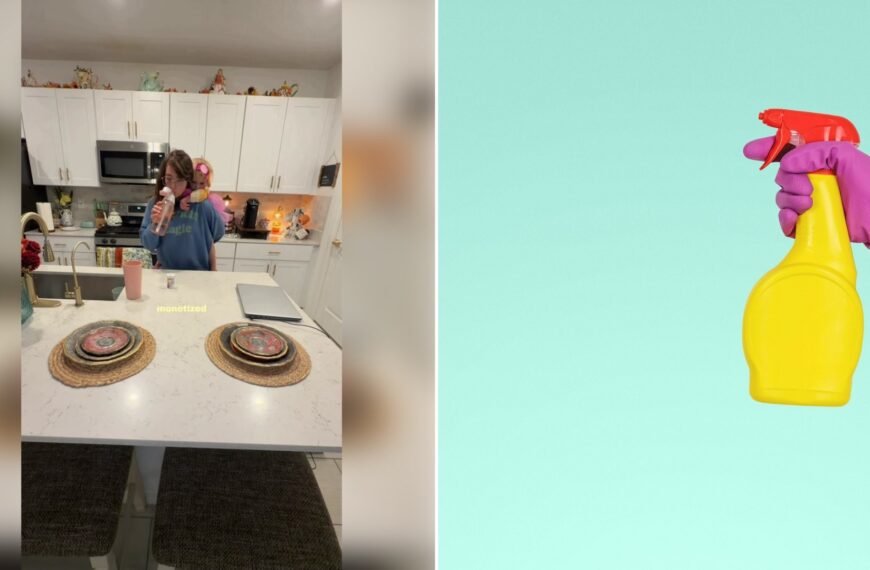 Left: TikTok still of a woman in a kitchen with two place settings on the counter. Right: a hand holding a yellow spray bottle (Unsplash photo by JESHOOTS.COM).