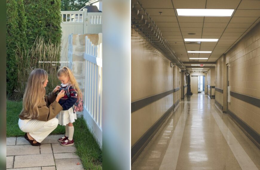 Left: TikTok still of a mom kneeling to hug her daughter in a backyard. Right: a long school hallway (Unsplash photo by Quilia).